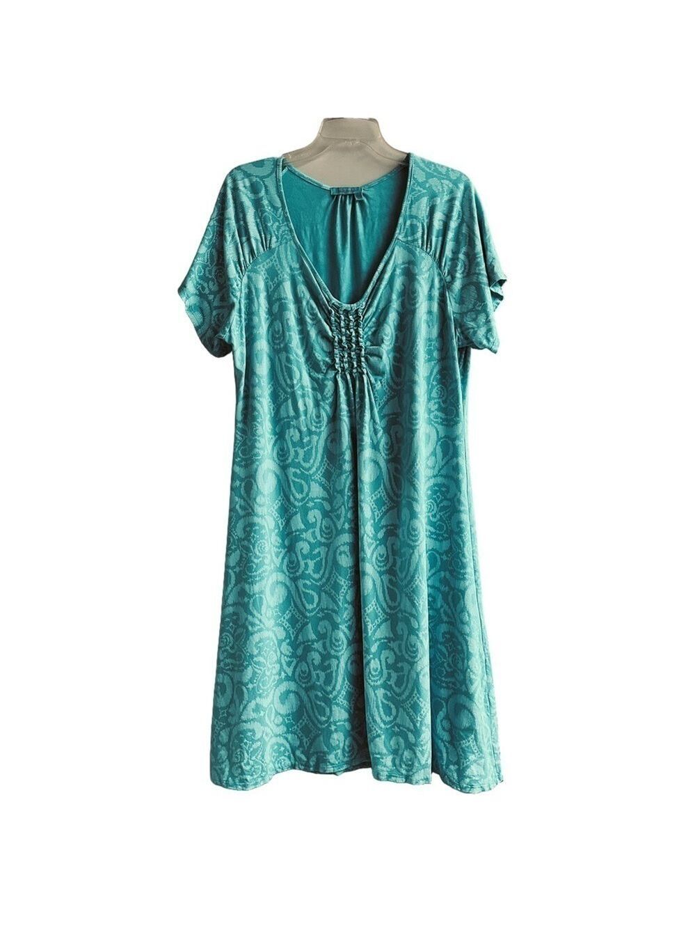 Fresh Produce turquoise jersey dress 1X short sleeve Vneck Beachy Casual knit